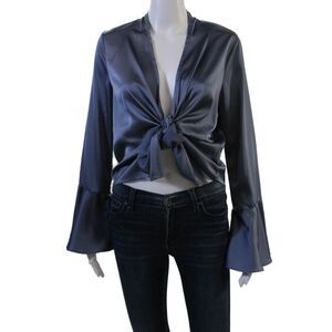 Boujee Womens Cropped Bohemian Dark Blue Long Sleeve Blouse Polyester Size S